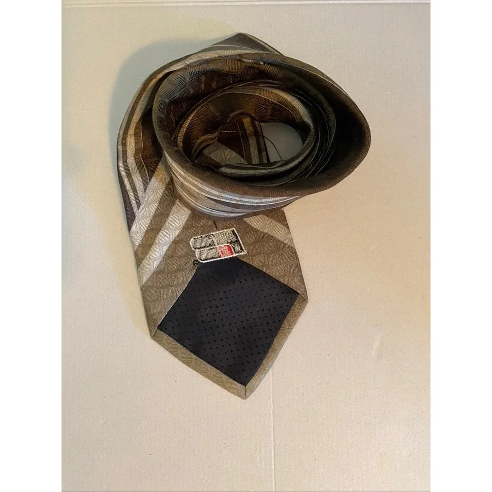Alberto Zerra Rome New York Mens Tie Brown Geometric FB Logo Silk Blend 4 Inch